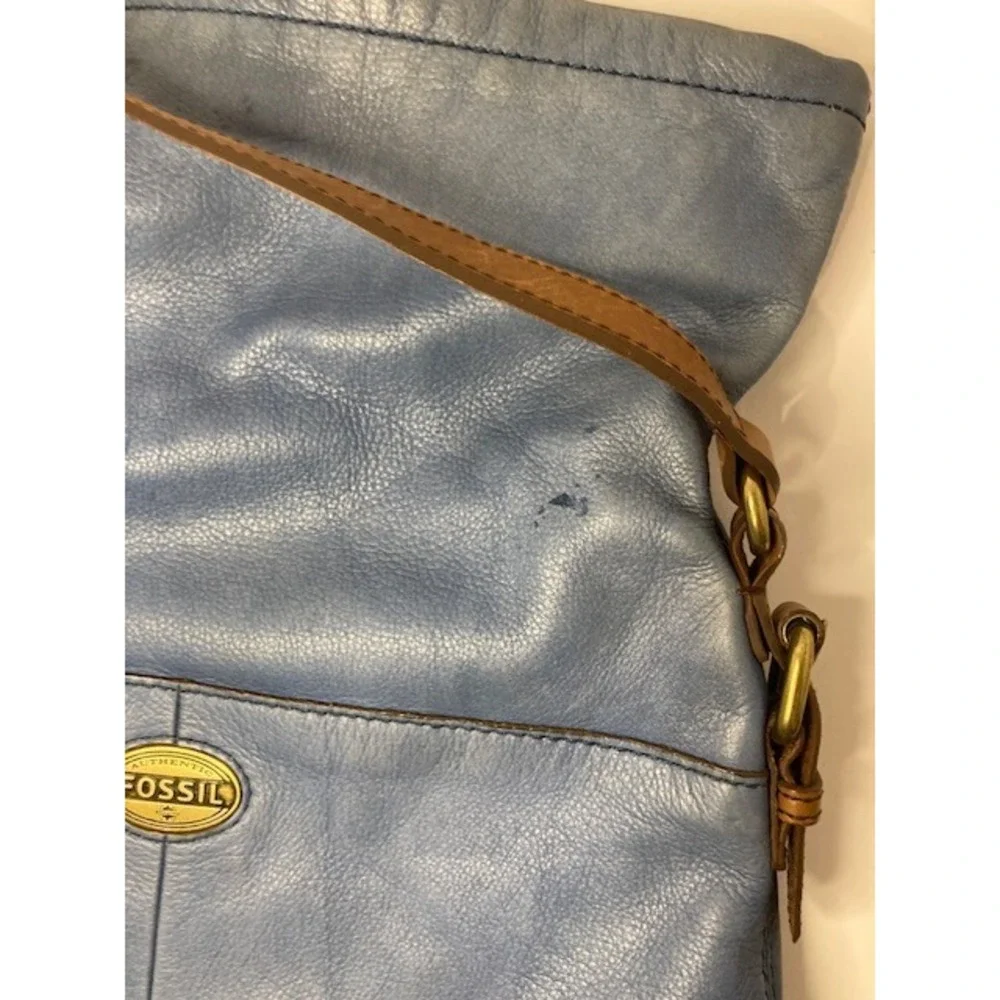 Vintage‎ Fossil Cowhide Leather Fold-Over Denim Blue Shoulder Bag Hobo